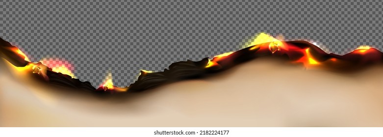 Burnt paper edge with fire and black ash isolated on transparent background. Vector realistic border with 3d scorched and smoldering brown paper page or parchment sheet with flame