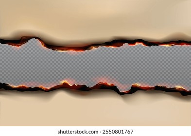 Burnt paper edges effect with fire. Borders with texture of burning scorched old paper pages with flame. Realistic brown parchment sheet on transparent background, vector illustration