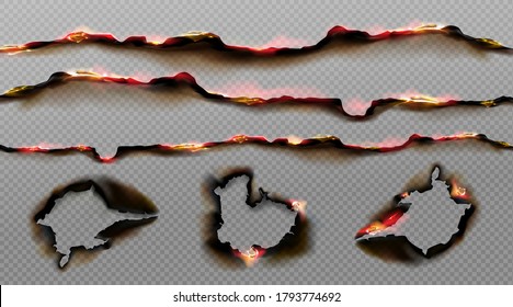 Burnt paper edges with fire and black ash. Vector realistic set of borders and frames from scorched and smoldering paper sheets white torn edges and holes isolated on transparent background