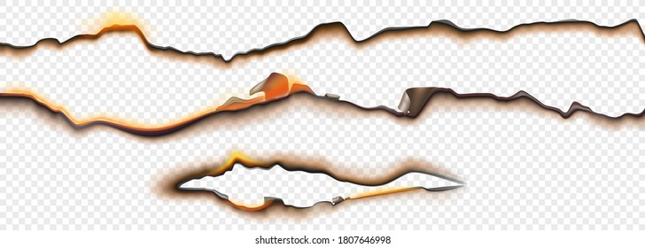 Burnt paper edges with fire and black ash isolated on transparent background. Vector realistic set of borders and frames from scorched and smoldering paper sheets with torn edges