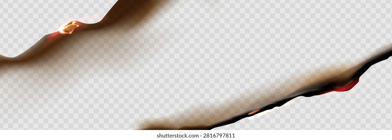 Burnt paper edges with fire and black ash. Vector realistic set of borders and frames from burnt and smoldering sheets of paper