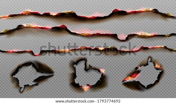 Burnt paper edges with fire and black ash.
Vector realistic set of borders and frames from scorched and
smoldering paper sheets white torn edges and holes isolated on
transparent background