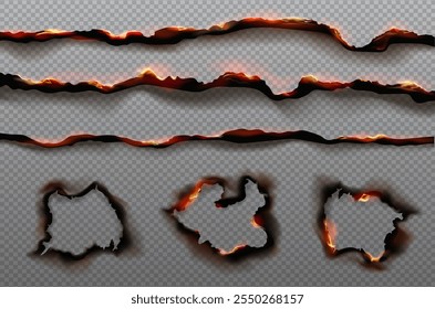 Burnt paper edges with fire fire scorched damages and black ash. Borders and realistic frames from scorched and and burned torn edges and holes isolated on transparent background