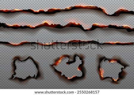Burnt paper edges with fire fire scorched damages and black ash. Borders and realistic frames from scorched and and burned torn edges and holes isolated on transparent background