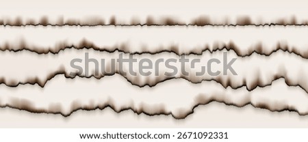 Burnt paper edges with tear marks and rip patterns for vintage design elements or scrapbooking. Layered horizontal strips with different damage styles. Grunge banner header or border with torn page