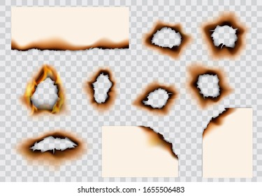 Burnt paper hole, page edges and corners. 3d vector with realistic fire flames, ashes and brown burns. Destroyed paper or parchment with cracked and dirty borders on transparent background