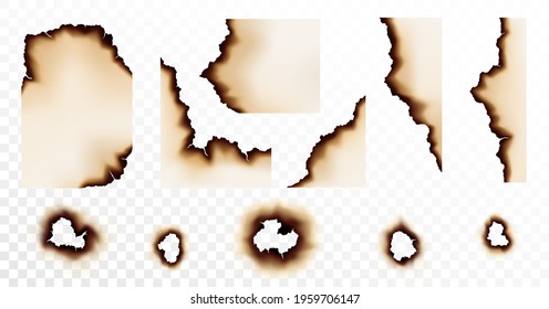 Burnt paper hole, page edges and corners. Realistic fire flames, ashes and brown burns. Destroyed paper or parchment with cracked and dirty borders. 3d vector illustration