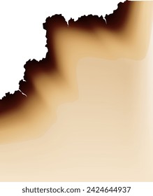 Burnt paper hole, page edges and corner. 3d vector with realistic fire flame, ashe and brown burns. Destroyed paper or parchment with cracked and dirty border