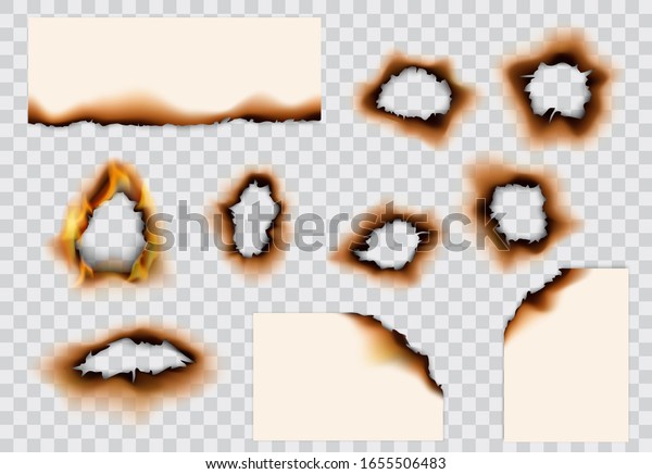 Burnt\
paper hole, page edges and corners. 3d vector with realistic fire\
flames, ashes and brown burns. Destroyed paper or parchment with\
cracked and dirty borders on transparent\
background