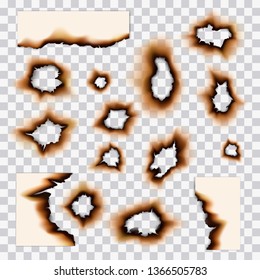 Burnt paper holes and fire scorched damages. Vector realistic paper pages and sheet scraps with fire burned edges, burnt sides and holes. Mixed media
