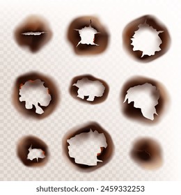 Burnt paper holes isolated set. Realistic fire scorched and torn edges of paper sheets with burned damages. Vector image