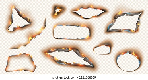 Burnt paper holes on transparent background with scorched and cracked edges, ashes and brown burnts, fire flames and blaze. Burning holes in paper, realistic fire flames and torn edges vector design