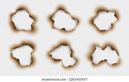 Burnt paper holes, scorched parchment, realistic torn edge with ash effect isolated on a light background. Vector illustration.