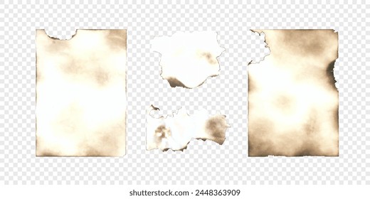 Papel quemado aislado sobre fondo transparente. Conjunto de páginas quemadas con bordes dentados. Vector