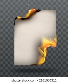 Composición realista de papel quemado con la quema de una hoja de papel 4 con fuego inflamable aislado en ilustración vectorial transparente de fondo