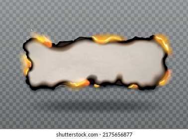 Burnt paper realistic composition with transparent background and hole with burning sides with orange fire flames vector illustration