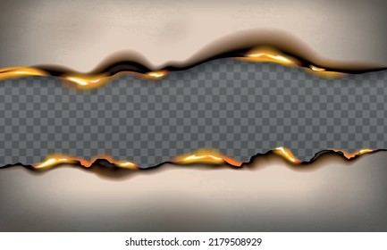 Burnt paper realistic set with isolated upper and lower borders of burning sheet on transparent background vector illustration