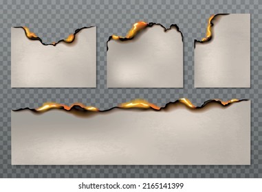 Burnt paper set with isolated images of realistic burning sheets of various shape on transparent background vector illustration