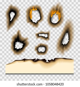 Burnt piece burned faded paper hole realistic fire flame isolated page sheet torn ash vector illustration