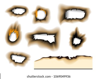 Burnt Piece Burned Faded Paper Hole Realistic Fire Flame Isolated Page Sheet Torn Ash Vector Illustration