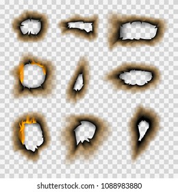 Burnt piece burned faded paper hole realistic fire flame isolated page sheet torn ash vector illustration