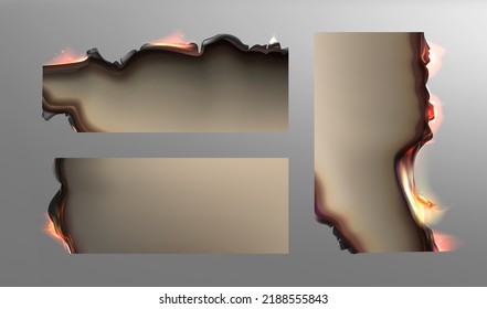 Burnt ripped sheets with scorched borders. Smoldering paper pages with fire and black ash on grey background. Charred old pieces of parchment in flame with burned uneven edges 3d vector realistic.