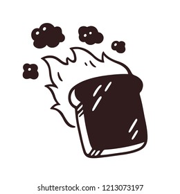 Burnt slice of toast drawing with fire and smoke. Hand drawn cartoon vector illustration.