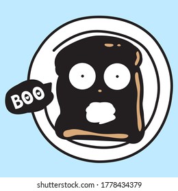 Burnt Toast With Surprised Face On It. Halloween Scary Ghost Toast Face Concept Card Character illustration