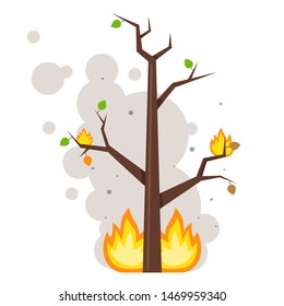 burnt tree. flame on the branches. clouds of smoke. flat vector illustration