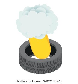 Burnt wheel icon isometric vector. Old worn car tire and flame tongue with cloud. Environmental pollution