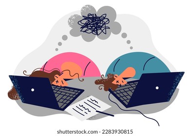 Burntout employees of company sit with heads on table near laptop due to confusion in work tasks. Man and woman office workers near bubble with confused clot symbolizing professional burnout