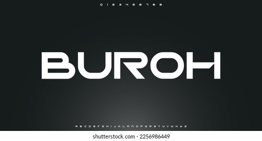 BUROH Modern abstract digital tech font. Logo creative font, type, technology, movie, digital, music, movie. Font and illustration in vector format.