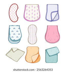 burp cloths set cartoon. soft cotton, newborn infant, washable drool burp cloths sign. isolated symbol vector illustration