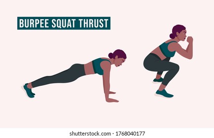 Burpee Squat Thrust exercise, Woman workout fitness, aerobic and exercises. Vector Illustration.