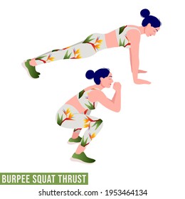 Burpee Squat Thrust ejercicio, gimnasia de entrenamiento para mujeres, aeróbic y ejercicios. Ilustración vectorial.	
