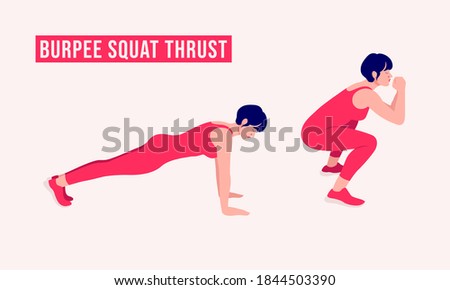 Burpee Squat Thrust exercise, Woman workout fitness, aerobic and exercises. Vector Illustration.
