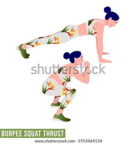 Burpee Squat Thrust exercise, Woman workout fitness, aerobic and exercises. Vector Illustration.	