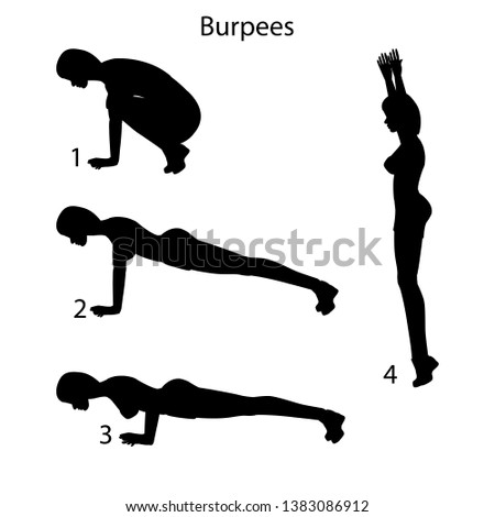 Burpees exercise silhouette on the white background. Vector illustration