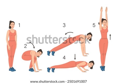 Burpees exercise vector isolated. Woman doing sport exercise. Concept of healthy lifestyle and sport. No equipment training.
