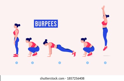 Burpees exercise, Woman workout fitness, aerobic and exercises. Vector Illustration.