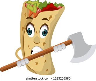 Burrito with axe, illustration, vector on white background.