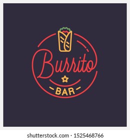Burrito bar logo. Round linear logo of Mexican burrito on black background