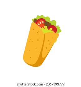 Burrito. Beautiful mouthwatering golden Mexican fast food. Icon, clipart for website, Mexican food app, food delivery, bakery store, recipe collection. Vector flat illustration, cartoon style.
