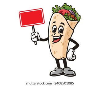Burrito with blank sign board cartoon mascot illustration character vector clip art hand drawn