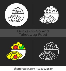 Burrito Bowl Dark Theme Icon. Meal With Rice, Beans, Steak, Veggies. Burrito Without Tortilla. Protein, Healthy Fats. Linear White, Simple Glyph And RGB Color Styles. Isolated Vector Illustrations