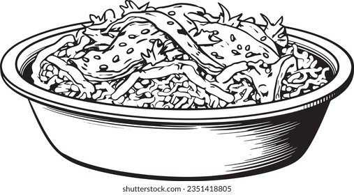 Burrito bowl engraving style, Basic simple Minimalist vector SVG logo graphic, isolated on white background, children's coloring page, outline art, thick crisp lines, black and whi svg