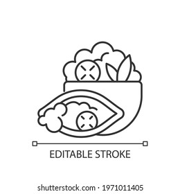 Burrito Bowl Linear Icon. Meal With Rice, Beans, Steak, Veggies. Burrito Without Tortilla. Thin Line Customizable Illustration. Contour Symbol. Vector Isolated Outline Drawing. Editable Stroke