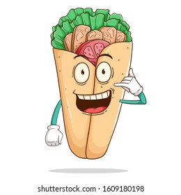 Burrito cartoon character with call me hand sign and funny smile face