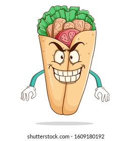 Burrito cartoon character with funny evil smile expression