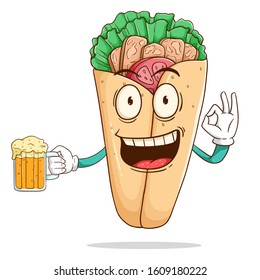 Burrito cartoon character holding a beer glass with funny smile face